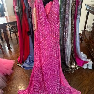 Jovani Bright Pink Sequin V-Neck Prom Dress